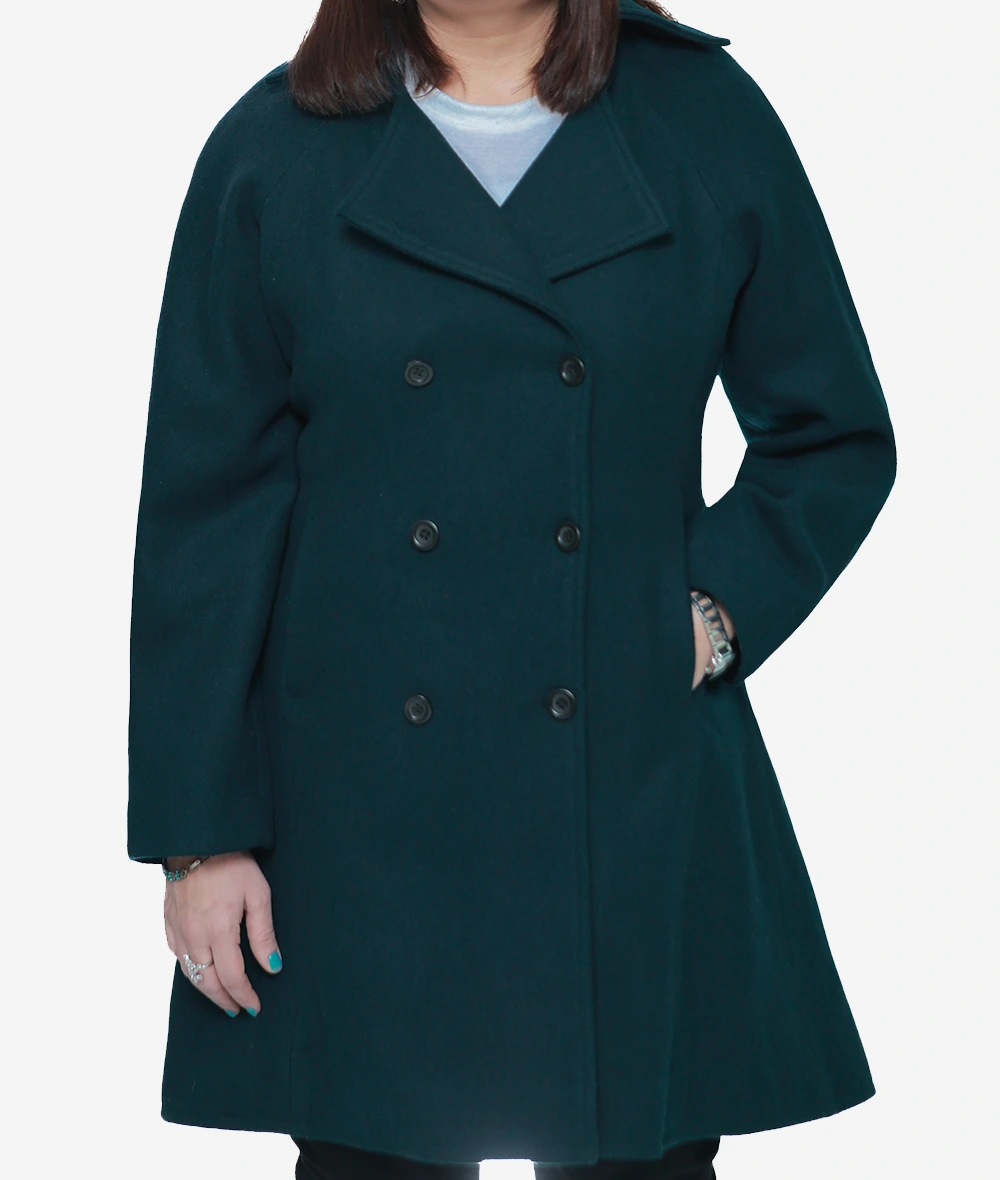 Ana Womens Forest Green Double Breasted Flare Wool Coat