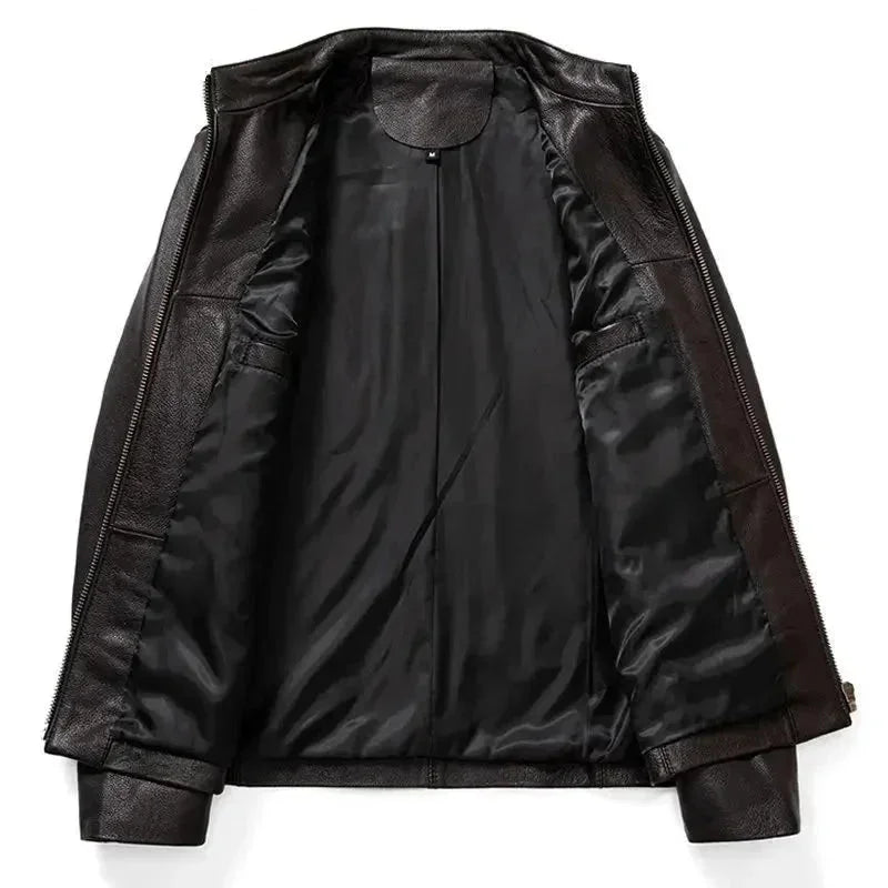 Autumn Fashion Cowhide Genuine Leather Stand Collar Jacket for Men