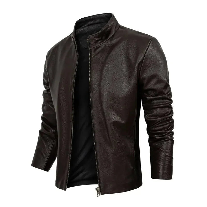 Autumn Fashion Cowhide Genuine Leather Stand Collar Jacket for Men