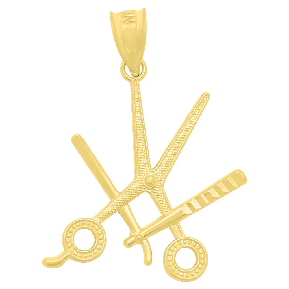 Barber Scissors & Razor DC 10K Yellow Gold Pendant