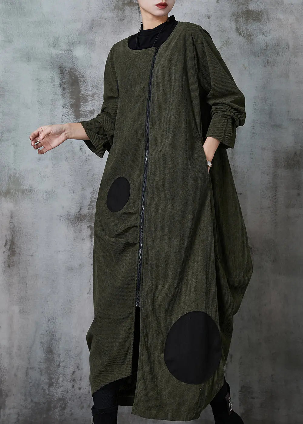 Blackish Green Dot Cotton Trench Coat Asymmetrical Spring JK1051