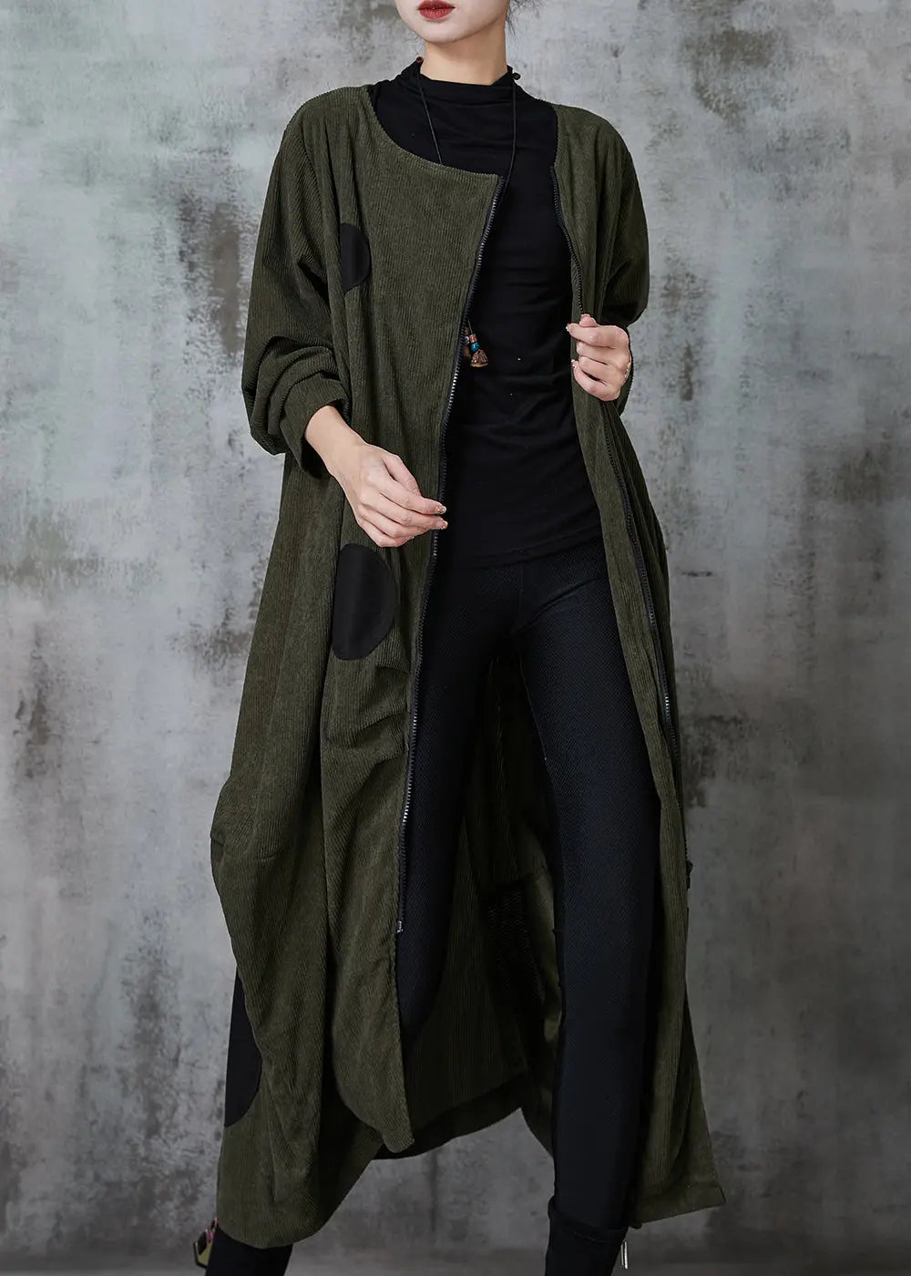 Blackish Green Dot Cotton Trench Coat Asymmetrical Spring JK1051