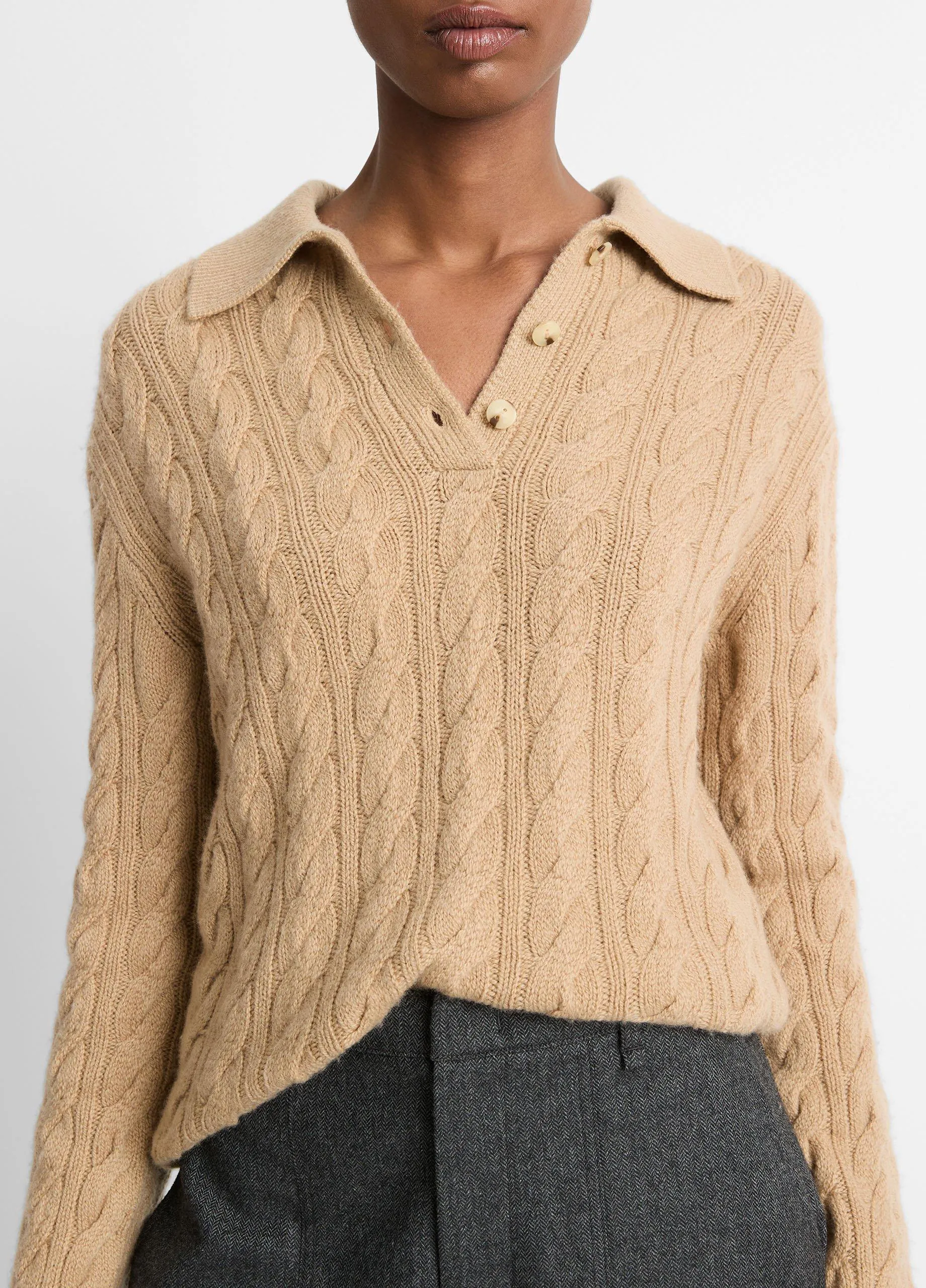 Cable-Knit Wool-Blend Polo Sweater