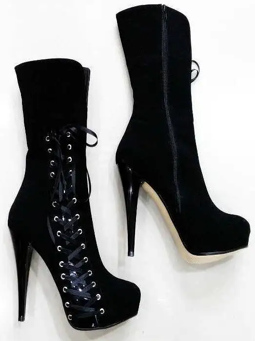 Corset Style Mid Calf Black Suede Boots