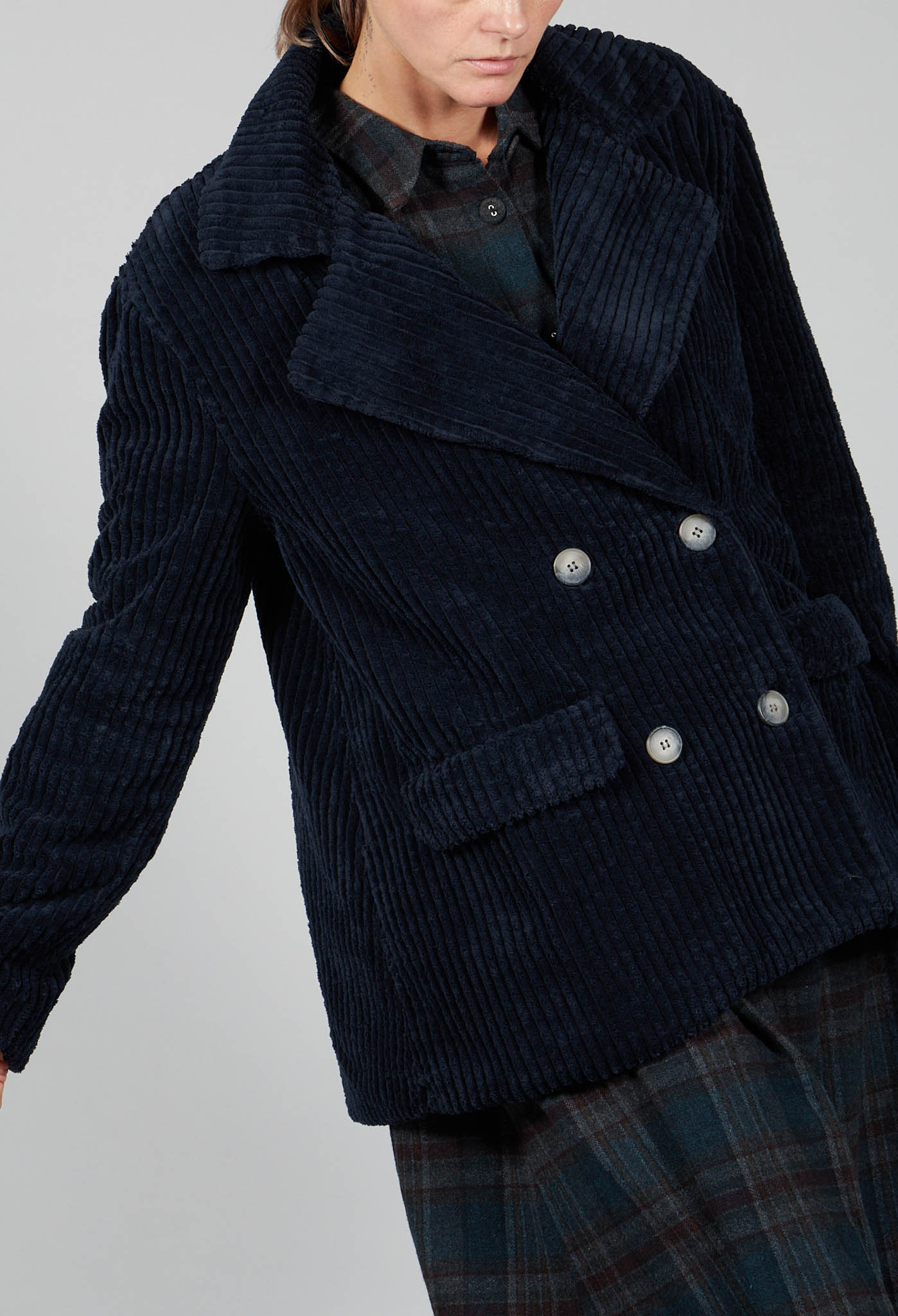 Cotton Curduroy Double Breasted Coat in Dark Blue