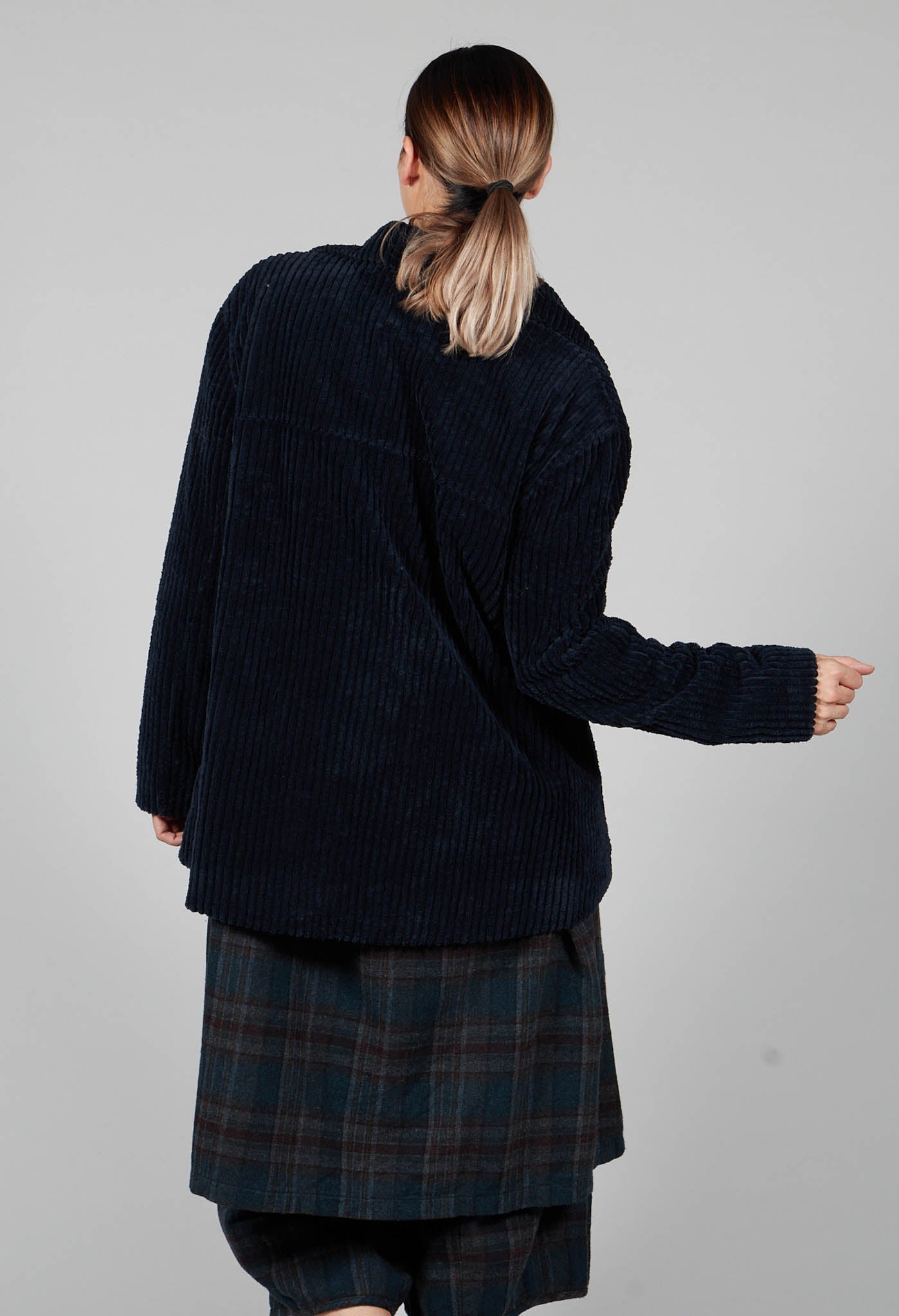 Cotton Curduroy Double Breasted Coat in Dark Blue