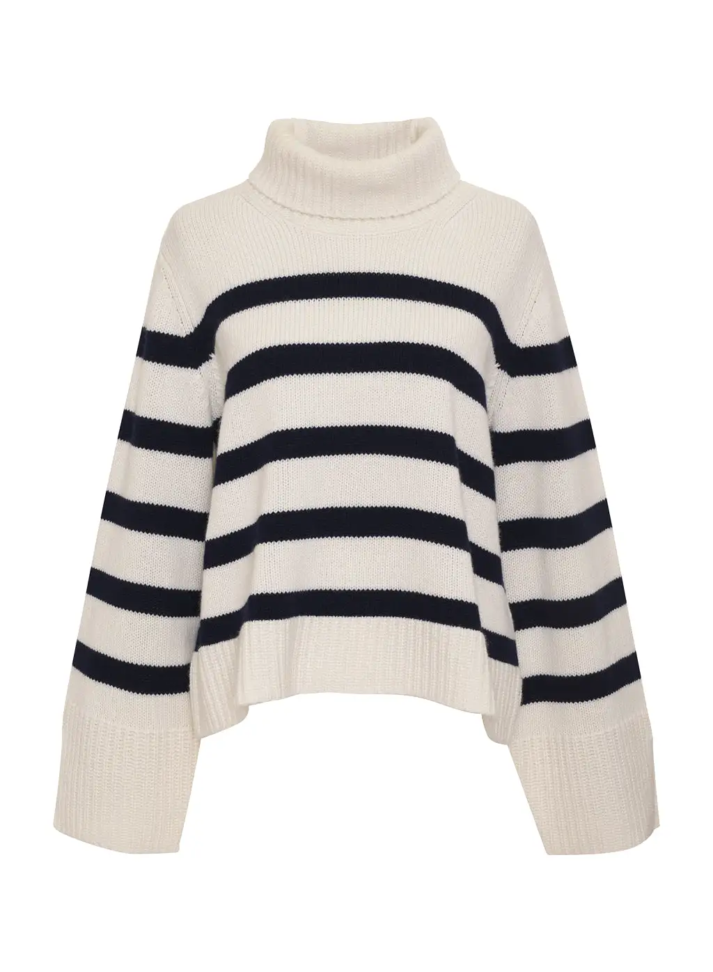 Cozy Cashmere Blend Stripe Turtleneck Sweater in Navy Stripe