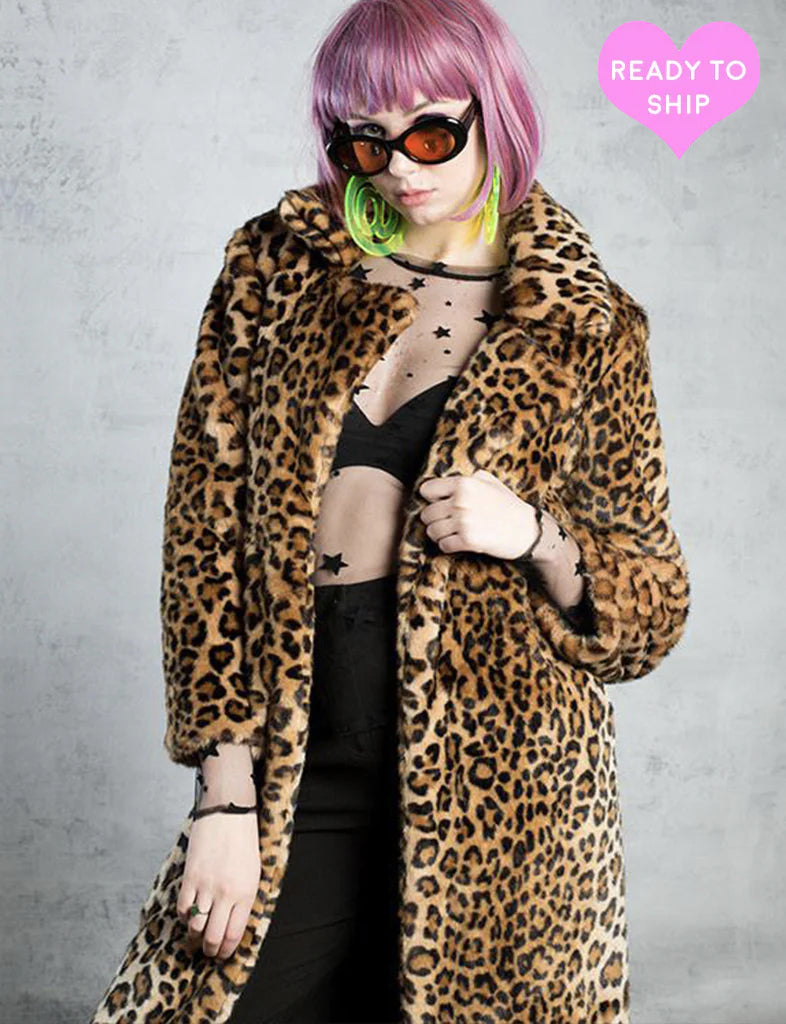 CRUELLA DEVILLE FAUX LEOPARD MAXI COAT  READY TO SHIP 