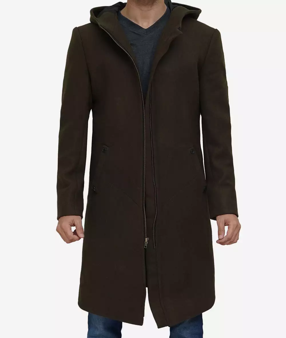 Delbert Mens Olive Green Hooded Wool Coat