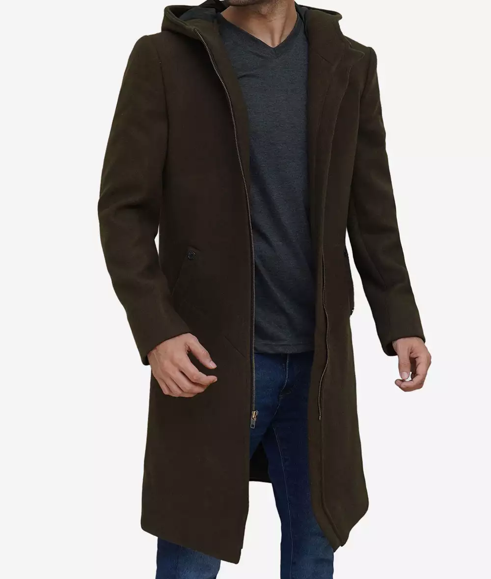 Delbert Mens Olive Green Hooded Wool Coat