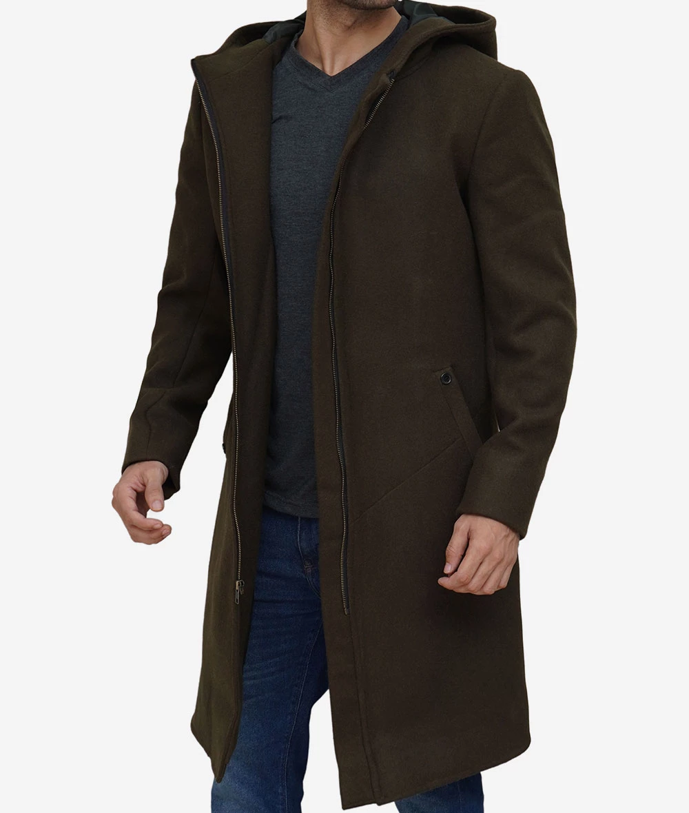 Delbert Mens Olive Green Hooded Wool Coat