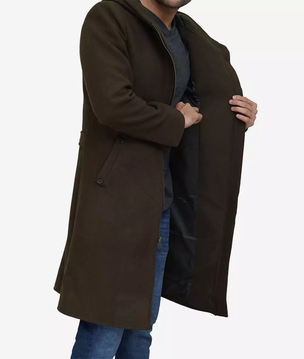 Delbert Mens Olive Green Hooded Wool Coat