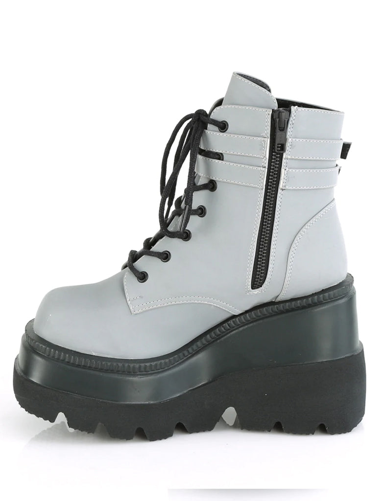 DEMONIA SHAKER-52 PLATFORM BOOTS - GREY REFLECTIVE  PRE ORDER 