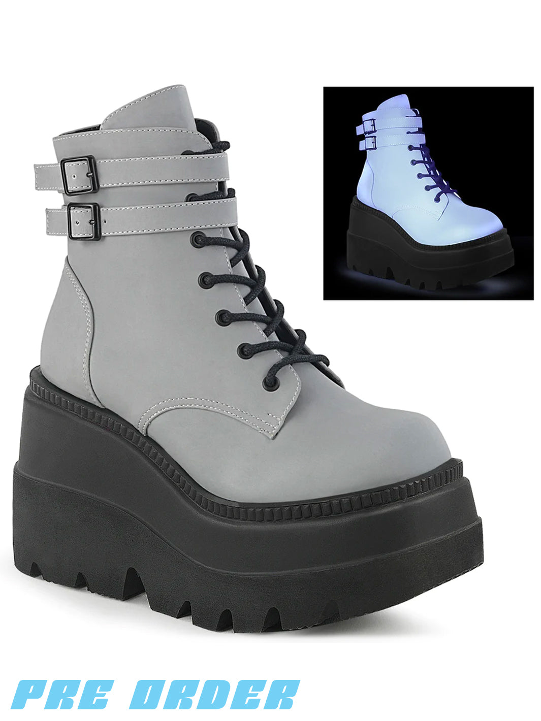 DEMONIA SHAKER-52 PLATFORM BOOTS - GREY REFLECTIVE  PRE ORDER 