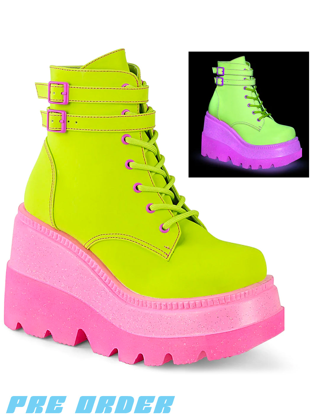 DEMONIA SHAKER-52 PLATFORM BOOTS - LIME REFLECTIVE  PRE ORDER 