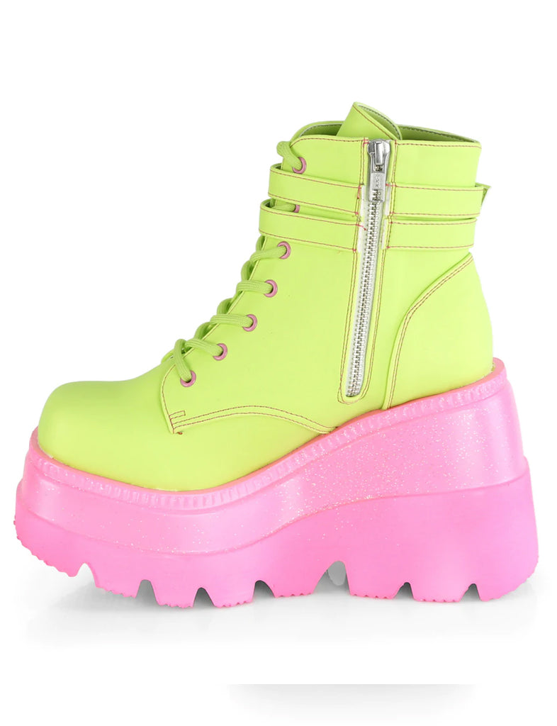 DEMONIA SHAKER-52 PLATFORM BOOTS - LIME REFLECTIVE  PRE ORDER 