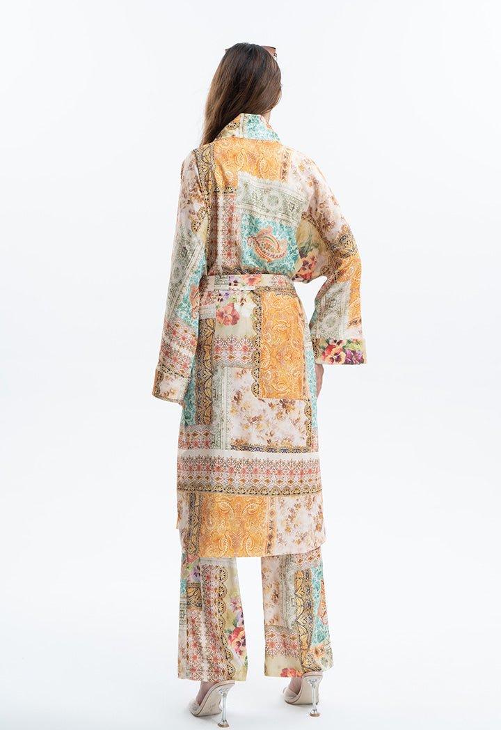 Ethnic Flower Printed Long Kimono