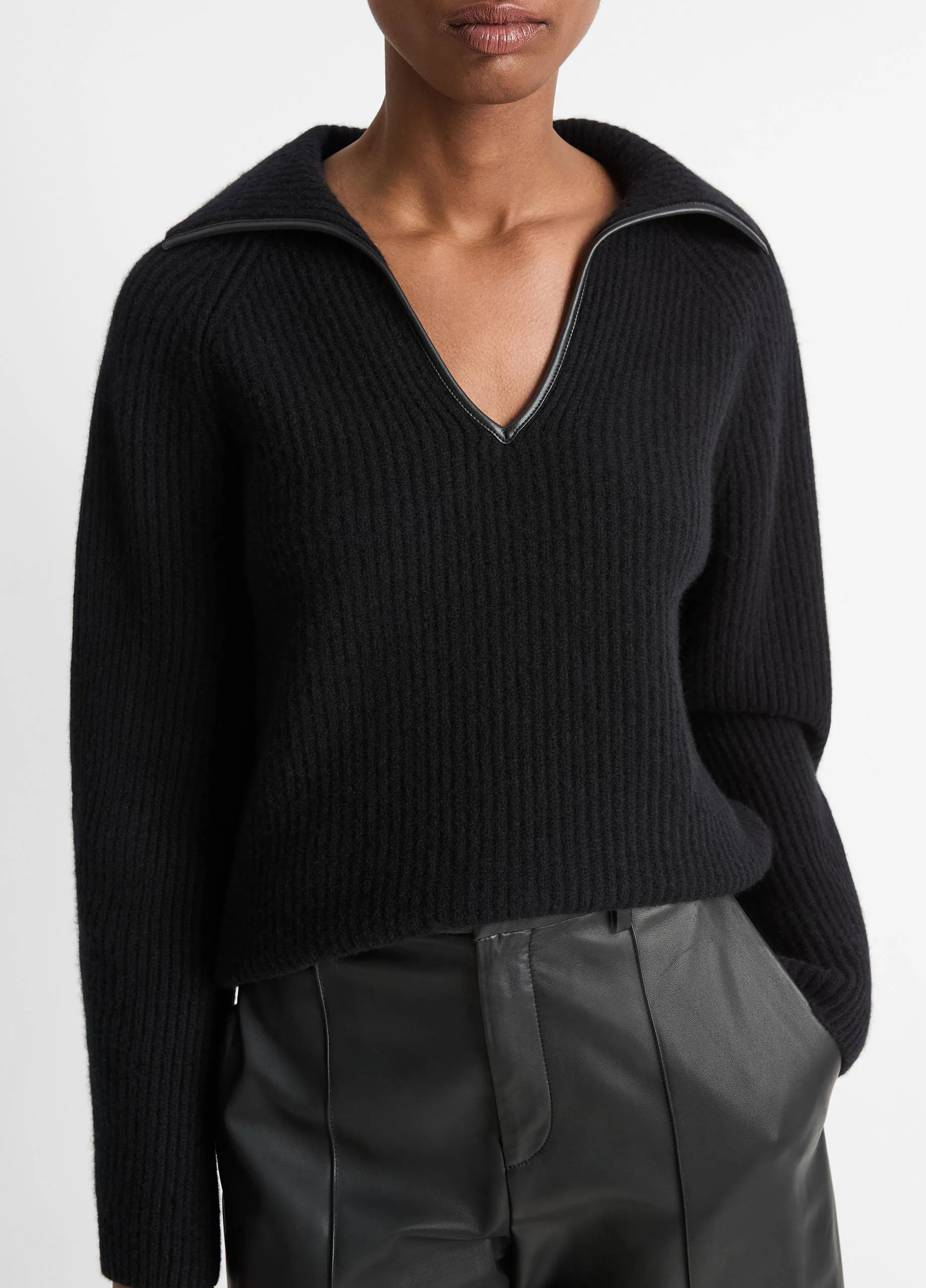 Faux-Leather-Trim Wool-Cashmere Polo Sweater