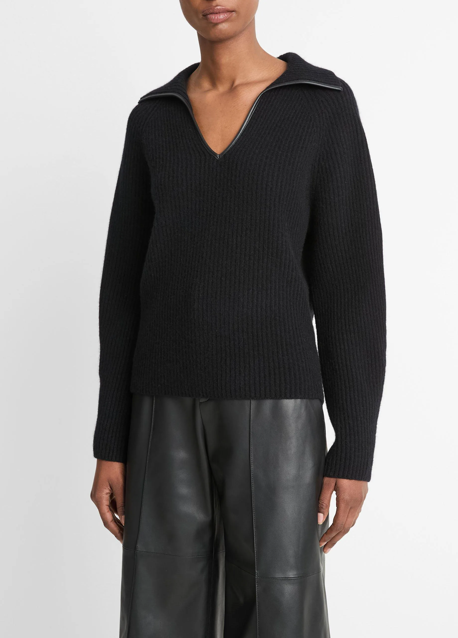 Faux-Leather-Trim Wool-Cashmere Polo Sweater