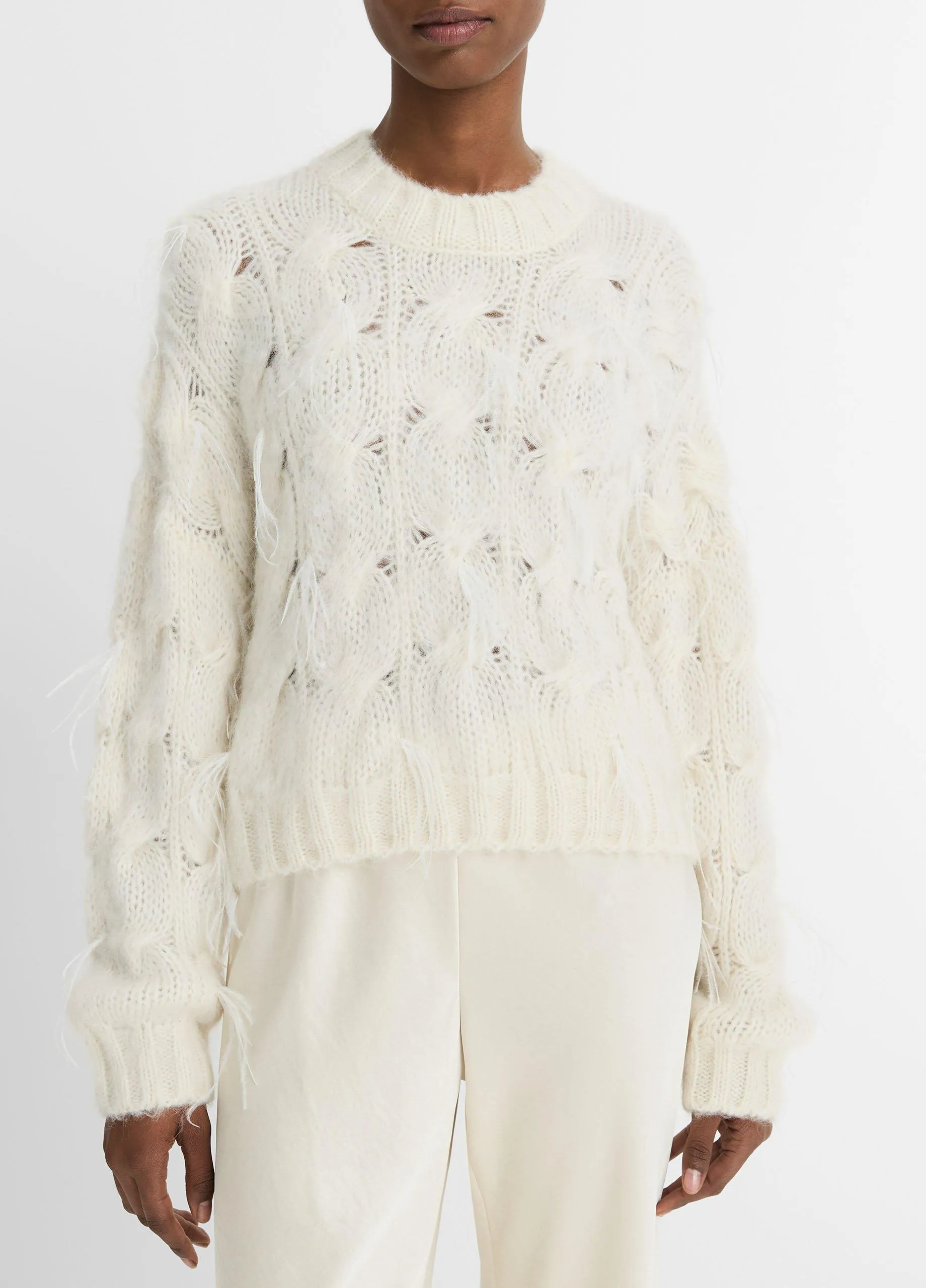 Feather-Appliquéd Italian Cable-Knit Sweater