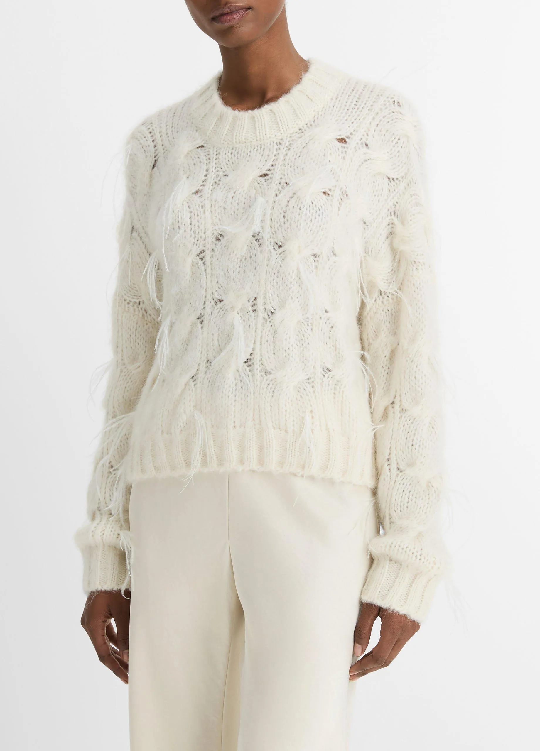 Feather-Appliquéd Italian Cable-Knit Sweater