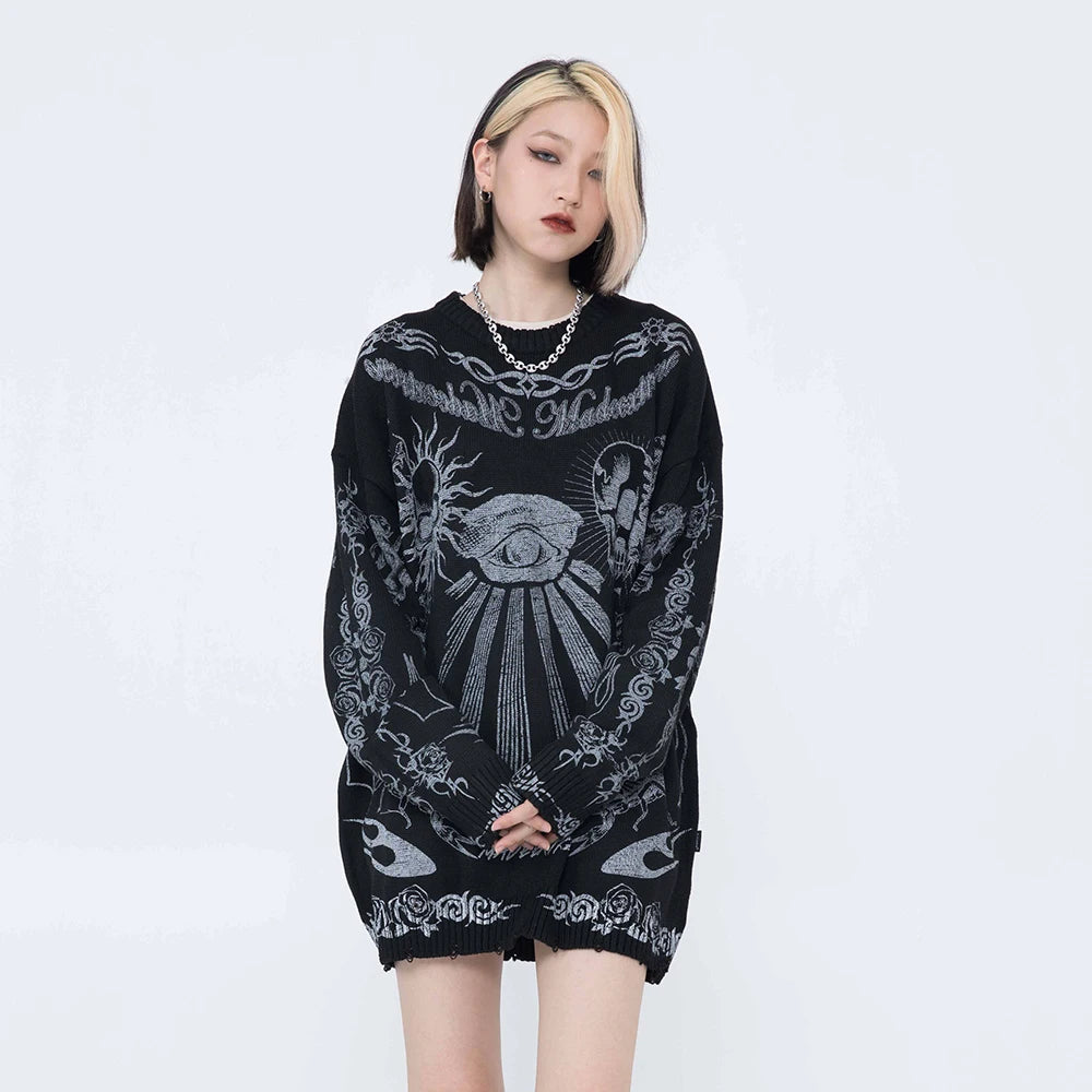 Gothic Skulls Oversized Sweater with Frayed Details for Women