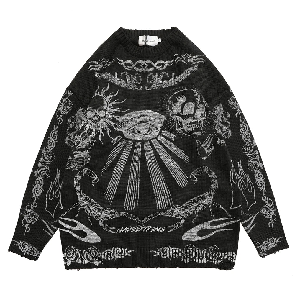 Gothic Skulls Oversized Sweater with Frayed Details for Women