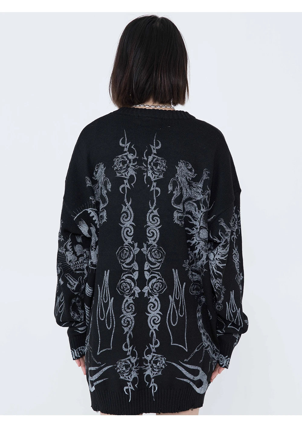 Gothic Skulls Oversized Sweater with Frayed Details for Women