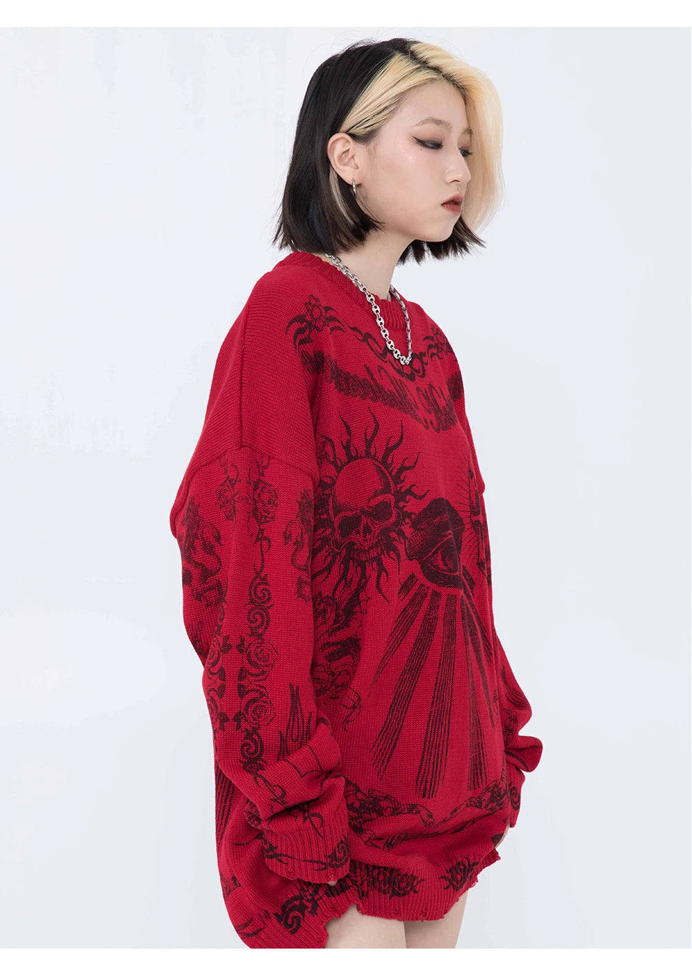 Gothic Skulls Oversized Sweater with Frayed Details for Women