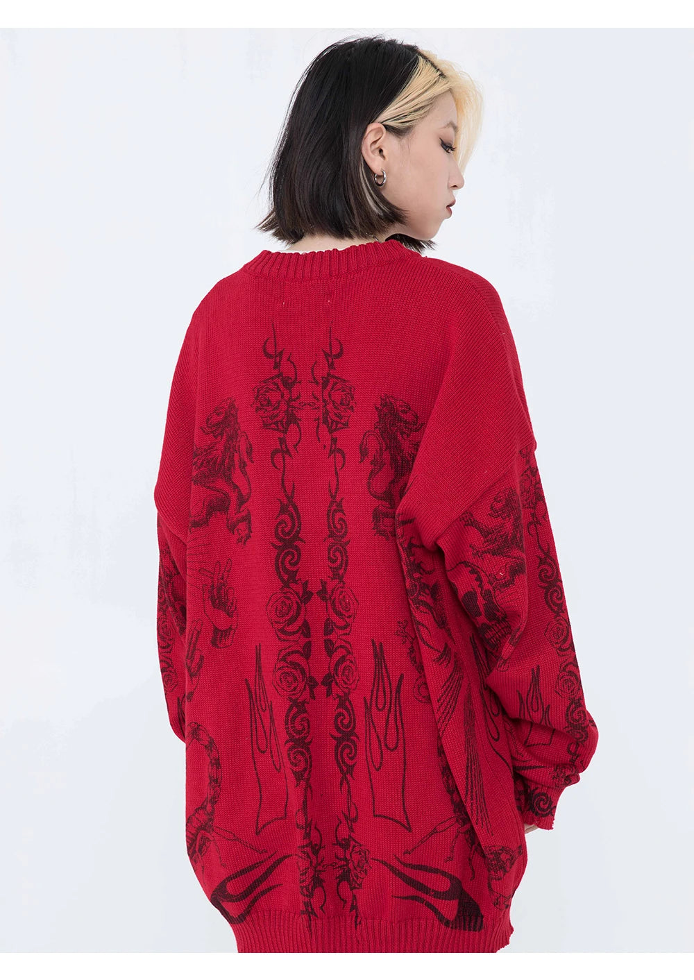 Gothic Skulls Oversized Sweater with Frayed Details for Women