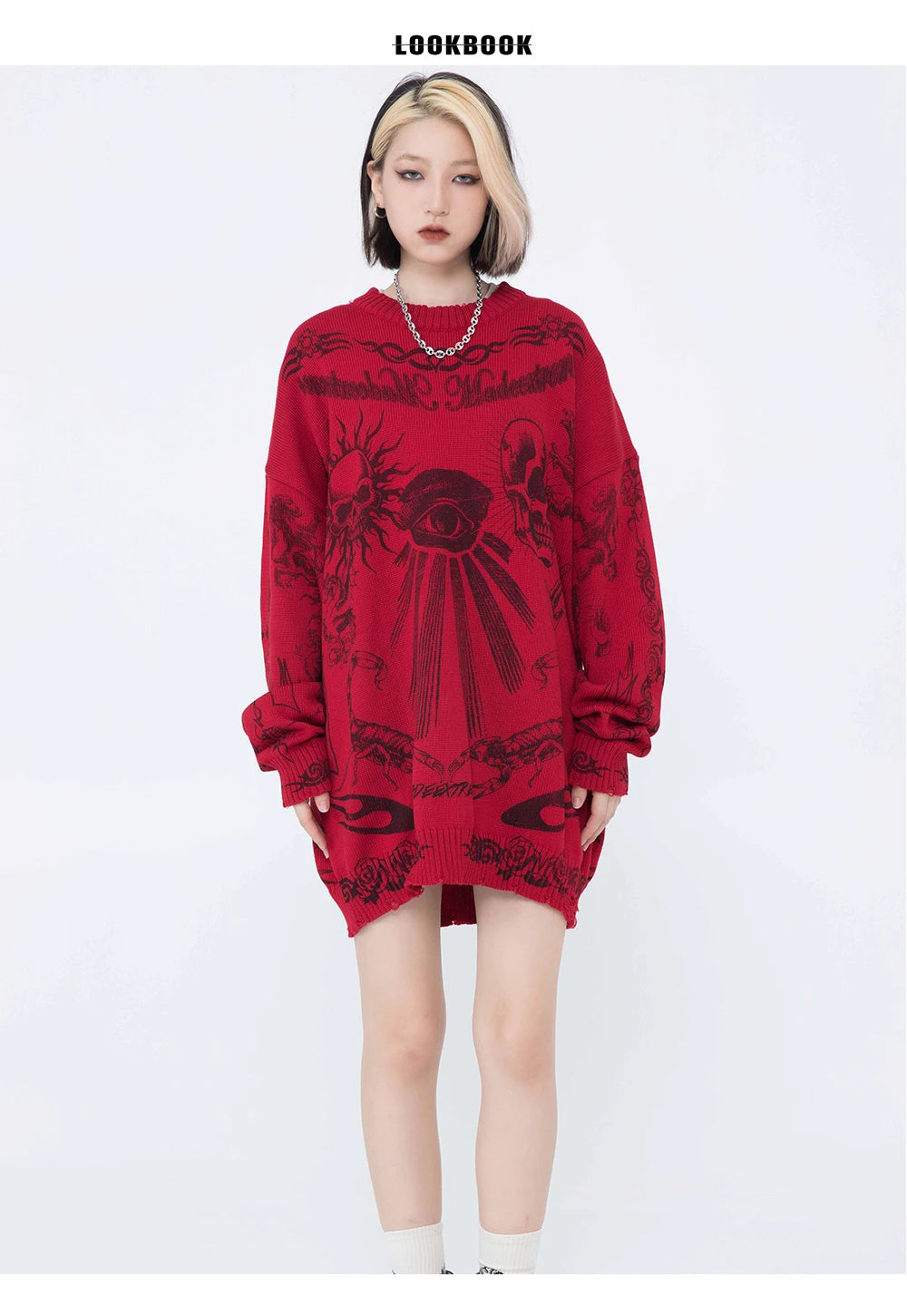 Gothic Skulls Oversized Sweater with Frayed Details for Women