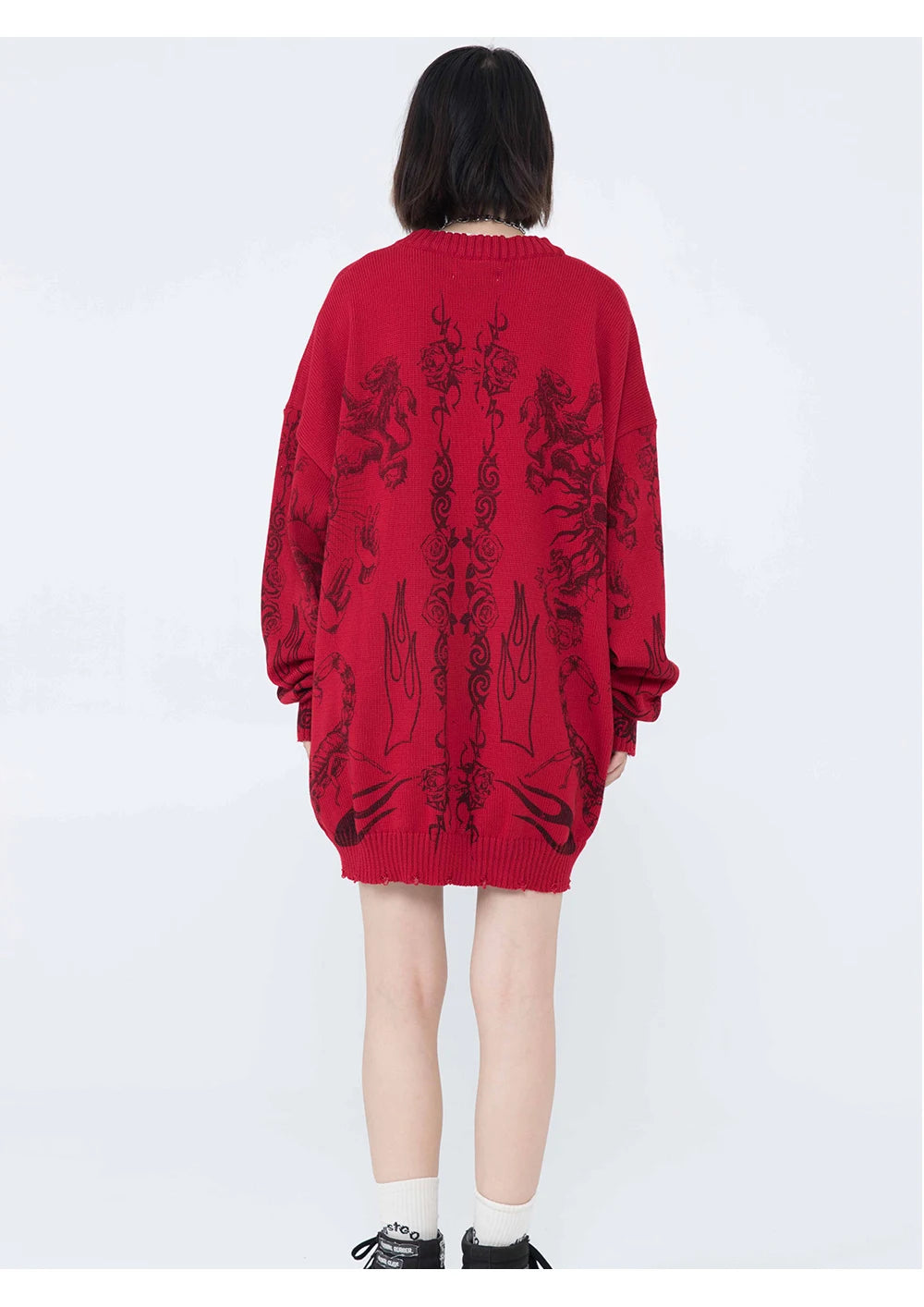 Gothic Skulls Oversized Sweater with Frayed Details for Women