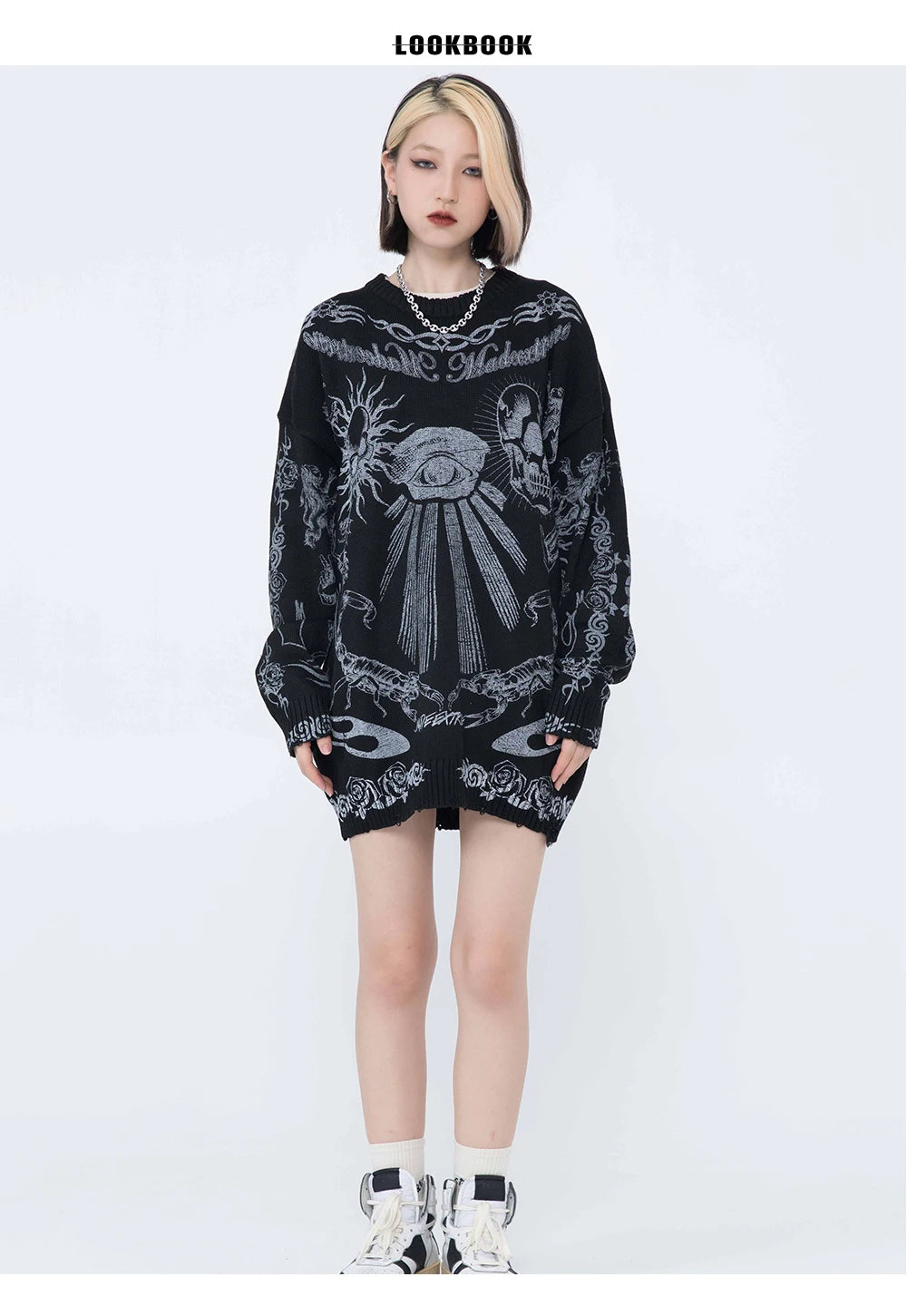 Gothic Skulls Oversized Sweater with Frayed Details for Women