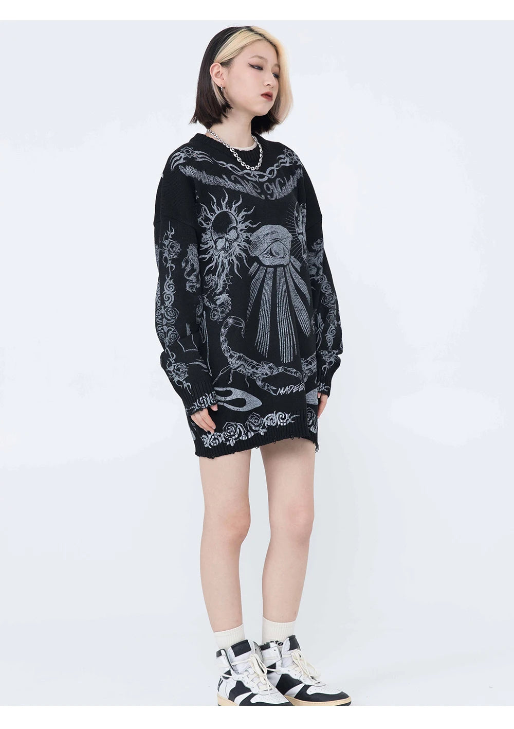 Gothic Skulls Oversized Sweater with Frayed Details for Women