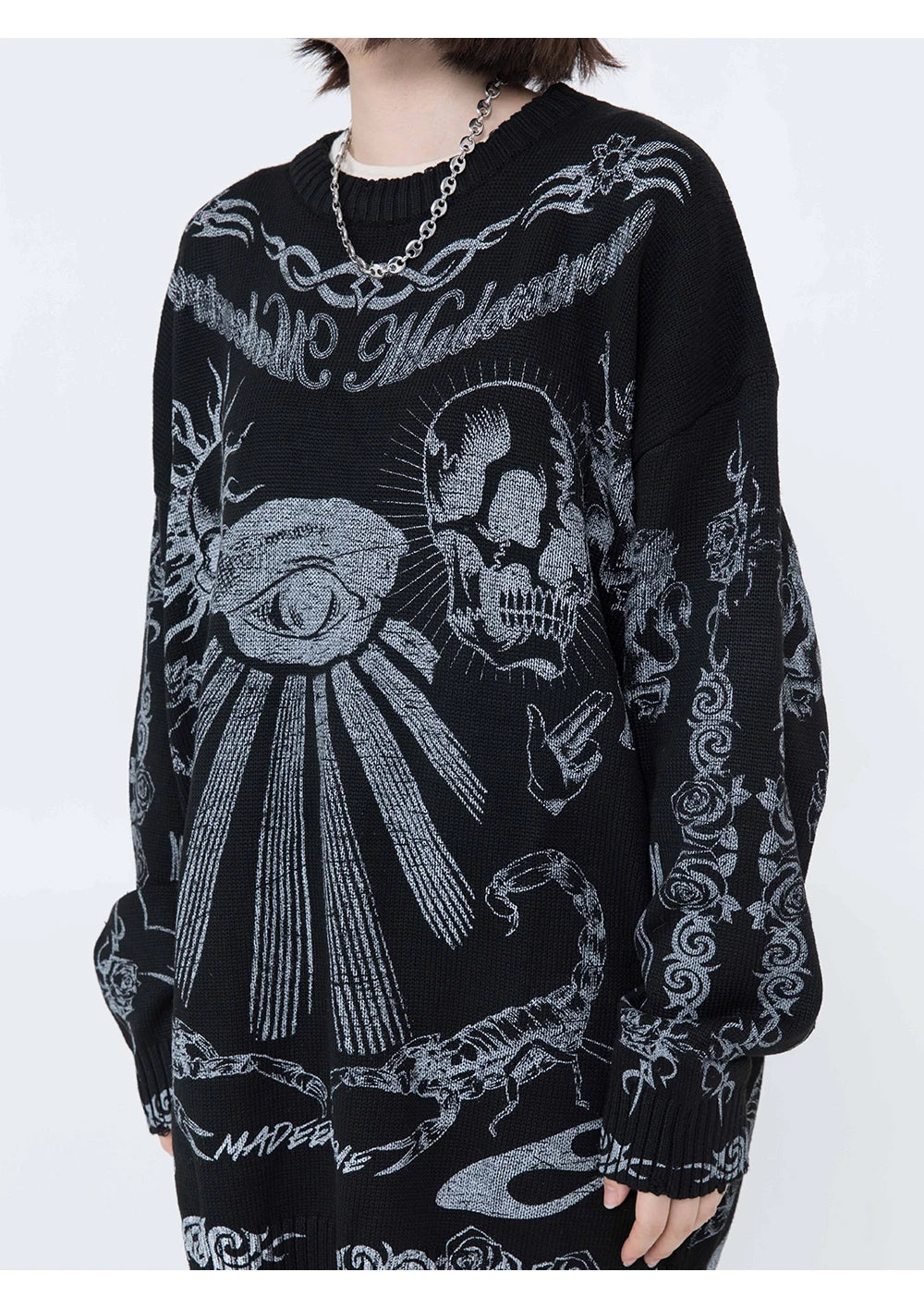 Gothic Skulls Oversized Sweater with Frayed Details for Women