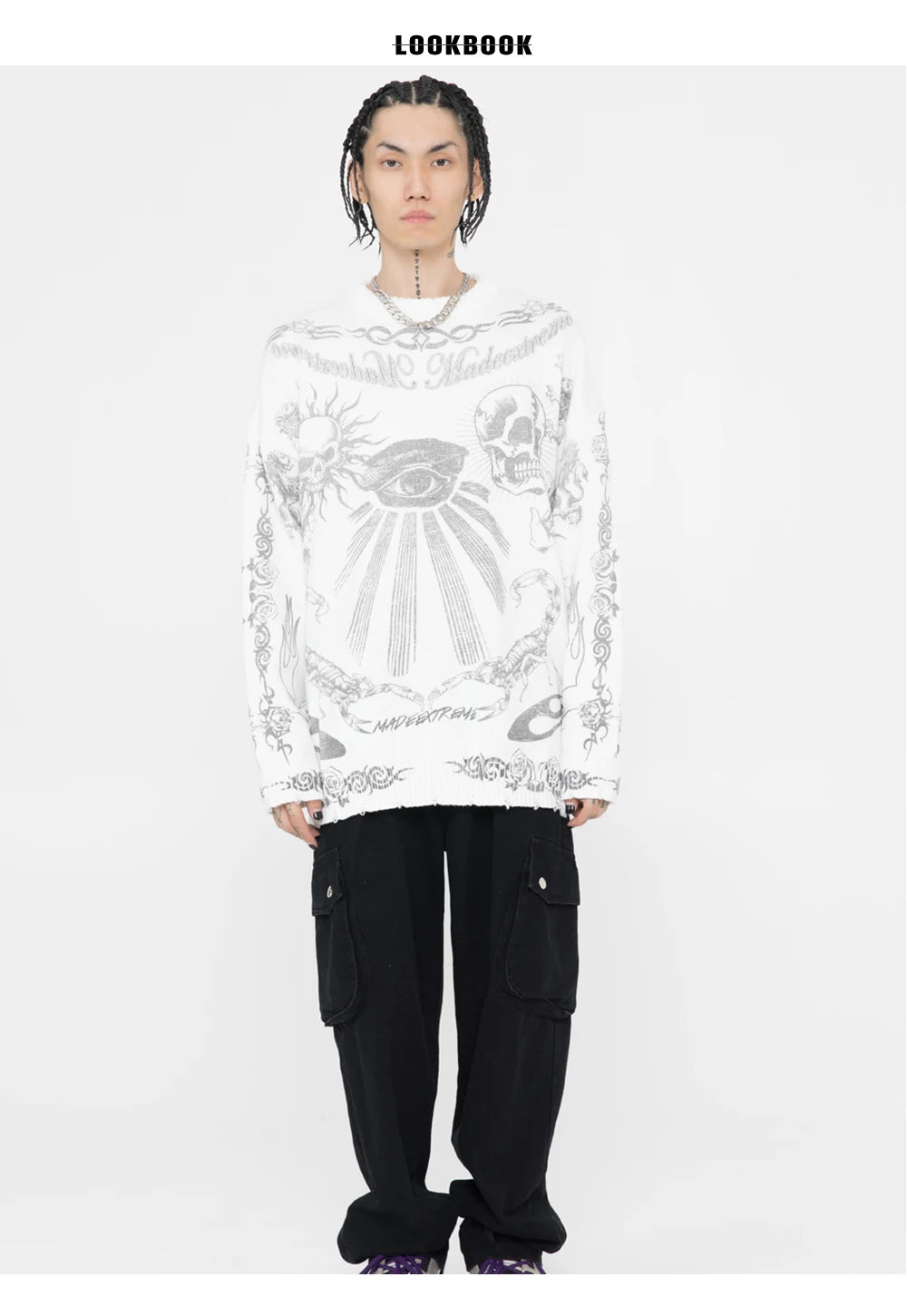 Gothic Skulls Oversized Sweater with Frayed Details for Women