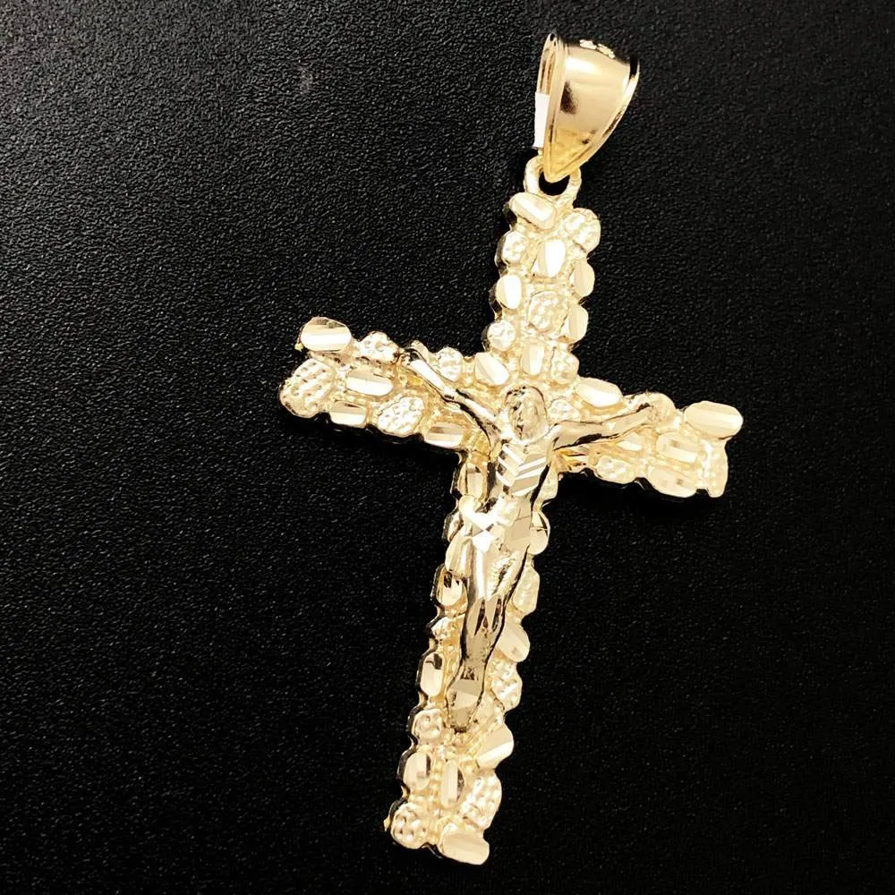 Large Jesus Crucifix Nugget Cross DC 10K Yellow Gold Pendant