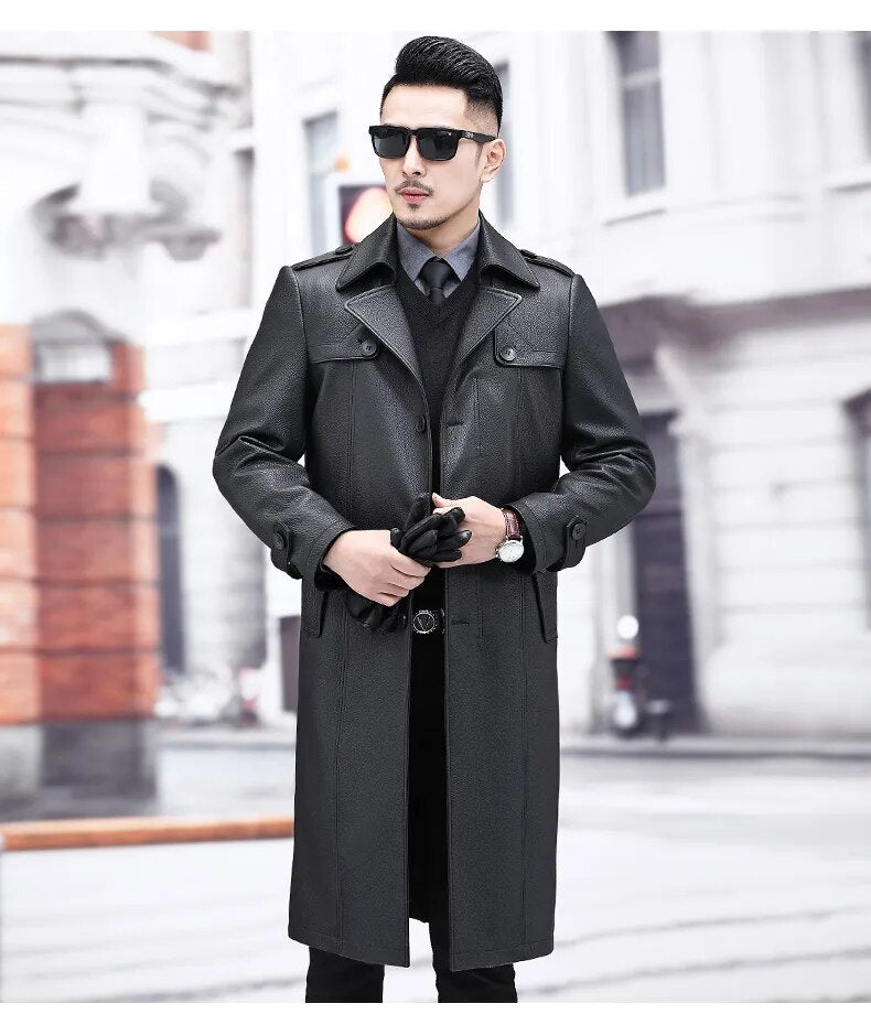 Luxury Casual Genuine Leather Long High-End Windbreaker Coat for Men