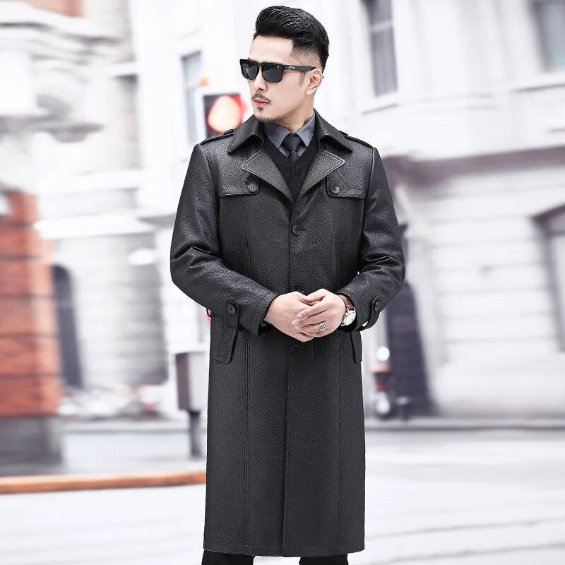 Luxury Casual Genuine Leather Long High-End Windbreaker Coat for Men