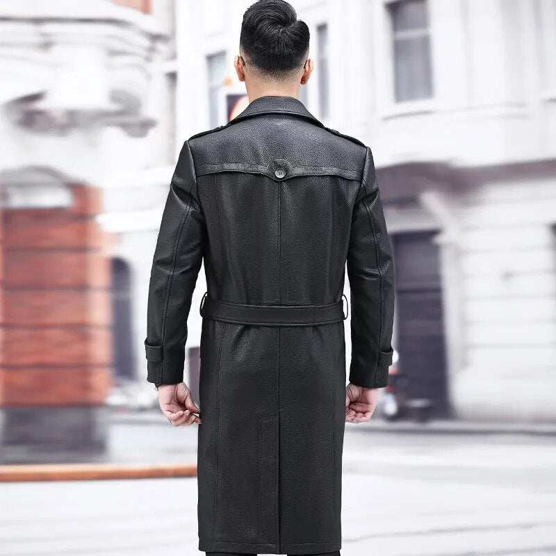 Luxury Casual Genuine Leather Long High-End Windbreaker Coat for Men