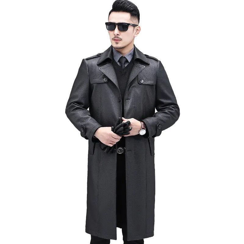 Luxury Casual Genuine Leather Long High-End Windbreaker Coat for Men