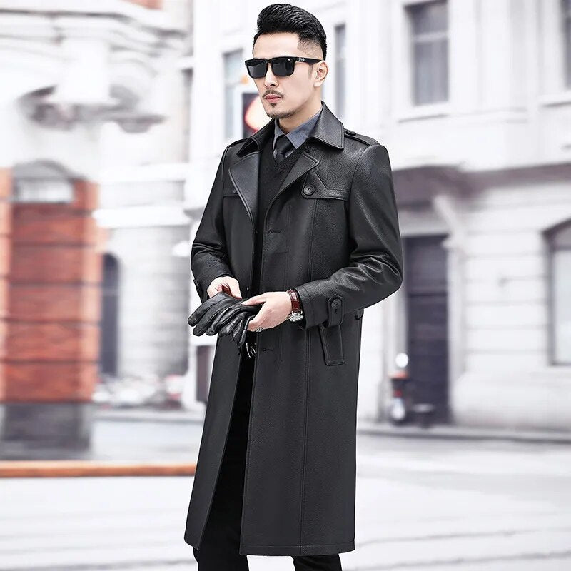 Luxury Casual Genuine Leather Long High-End Windbreaker Coat for Men