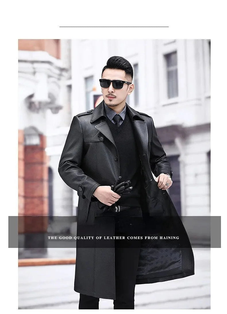 Luxury Casual Genuine Leather Long High-End Windbreaker Coat for Men