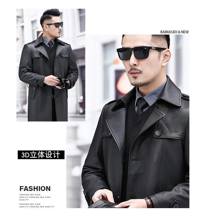 Luxury Casual Genuine Leather Long High-End Windbreaker Coat for Men