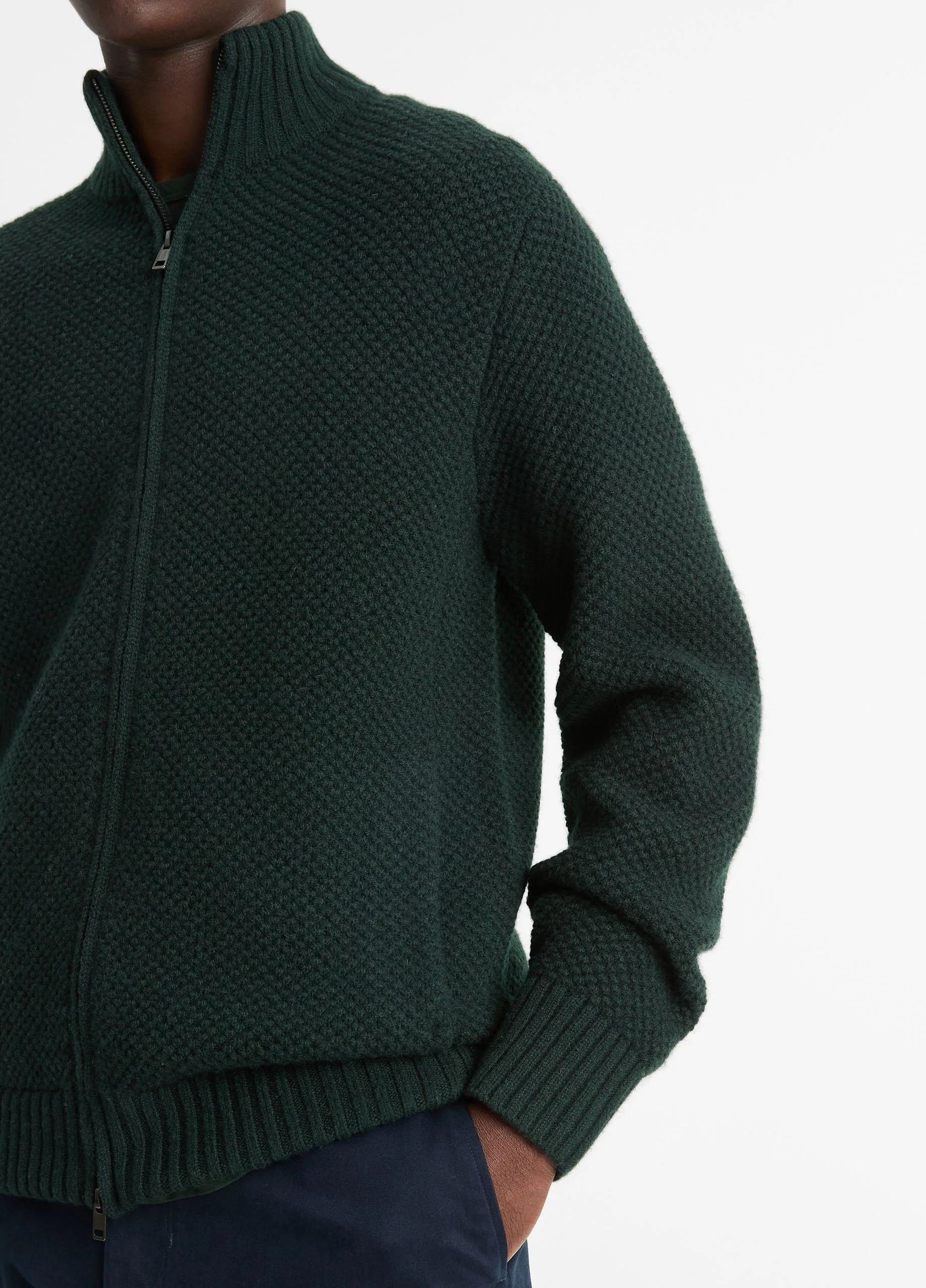 Macro-Piqué Wool Zip-Up Sweater