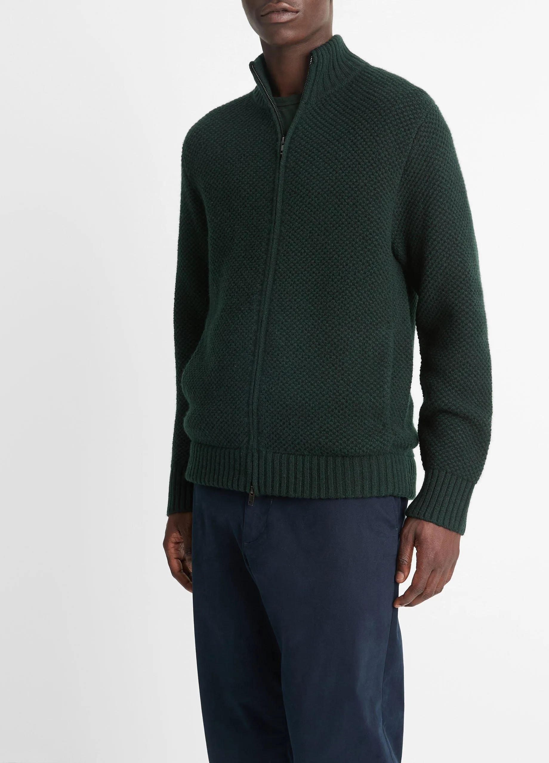 Macro-Piqué Wool Zip-Up Sweater