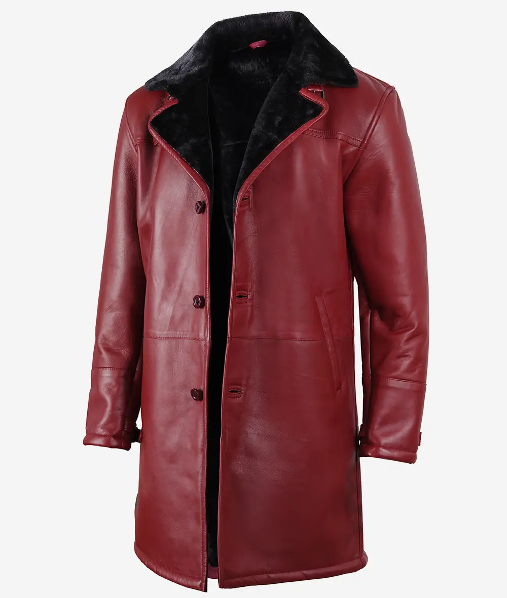 Maroon Men's Shearling Leather Coat - Black Shearling Collar & Interior