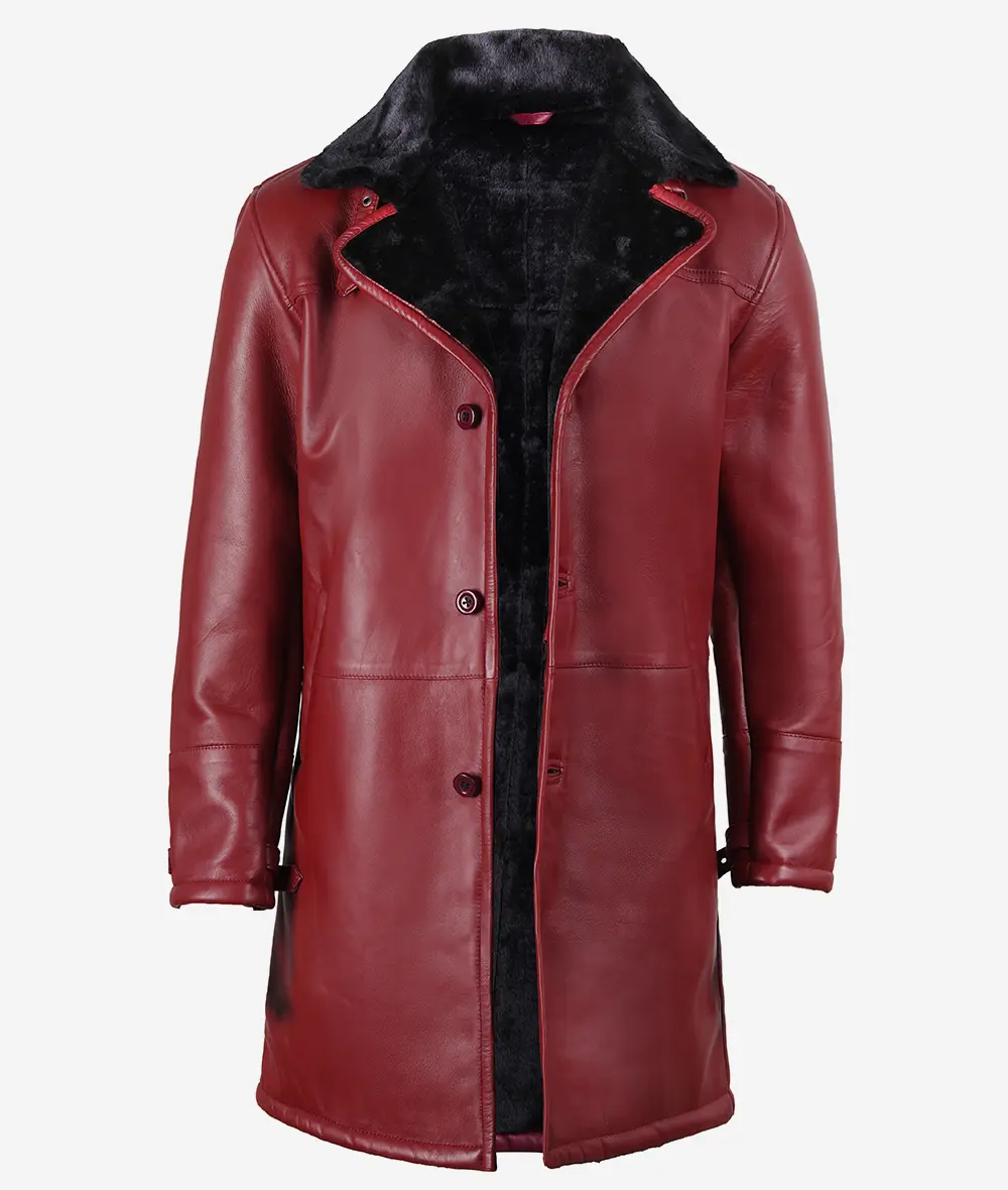 Maroon Men's Shearling Leather Coat - Black Shearling Collar & Interior