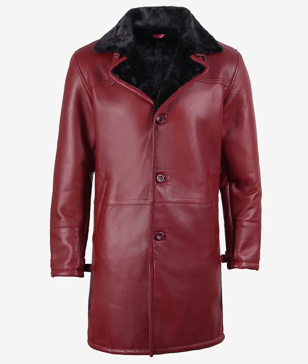 Maroon Men's Shearling Leather Coat - Black Shearling Collar & Interior