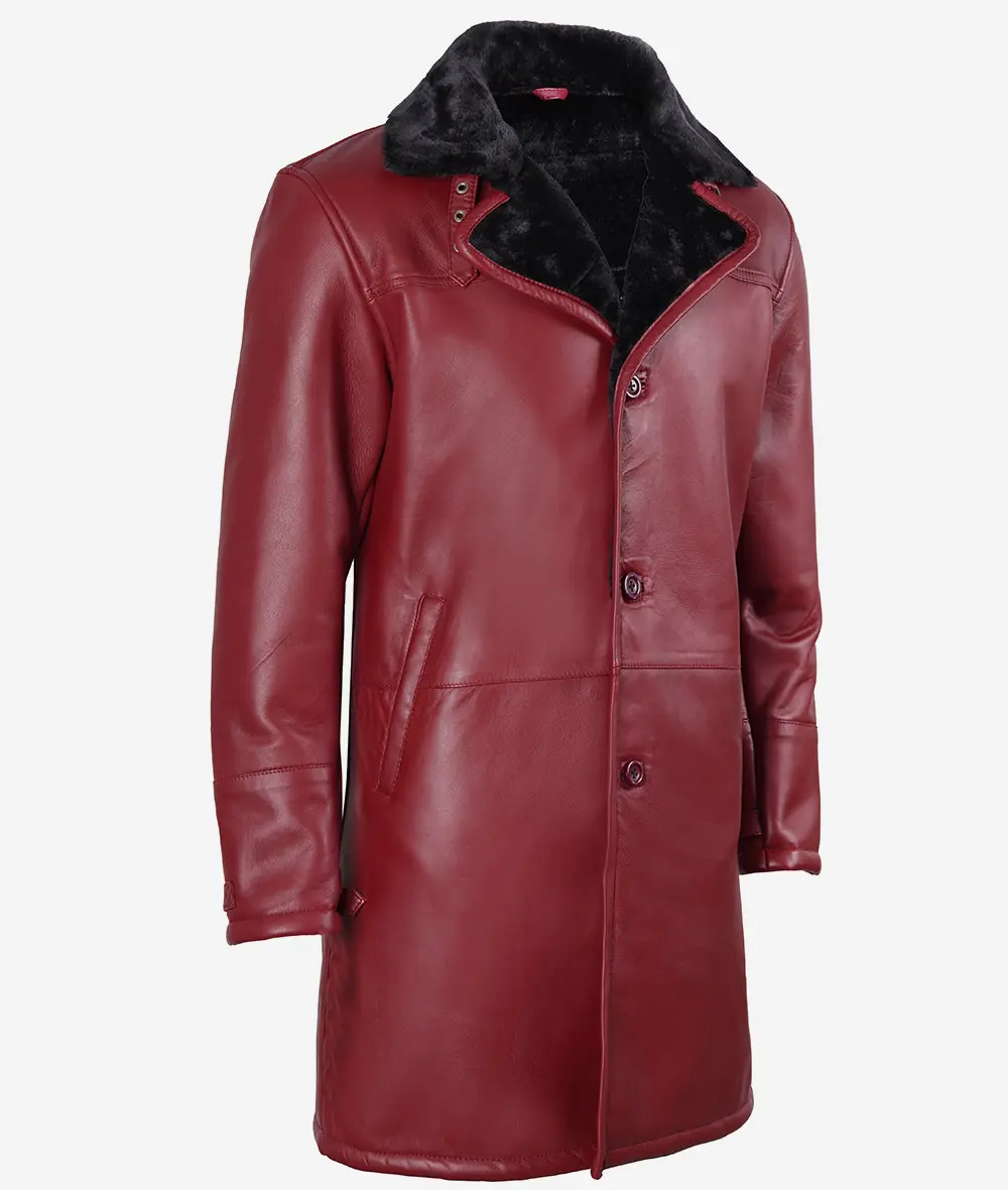 Maroon Men's Shearling Leather Coat - Black Shearling Collar & Interior